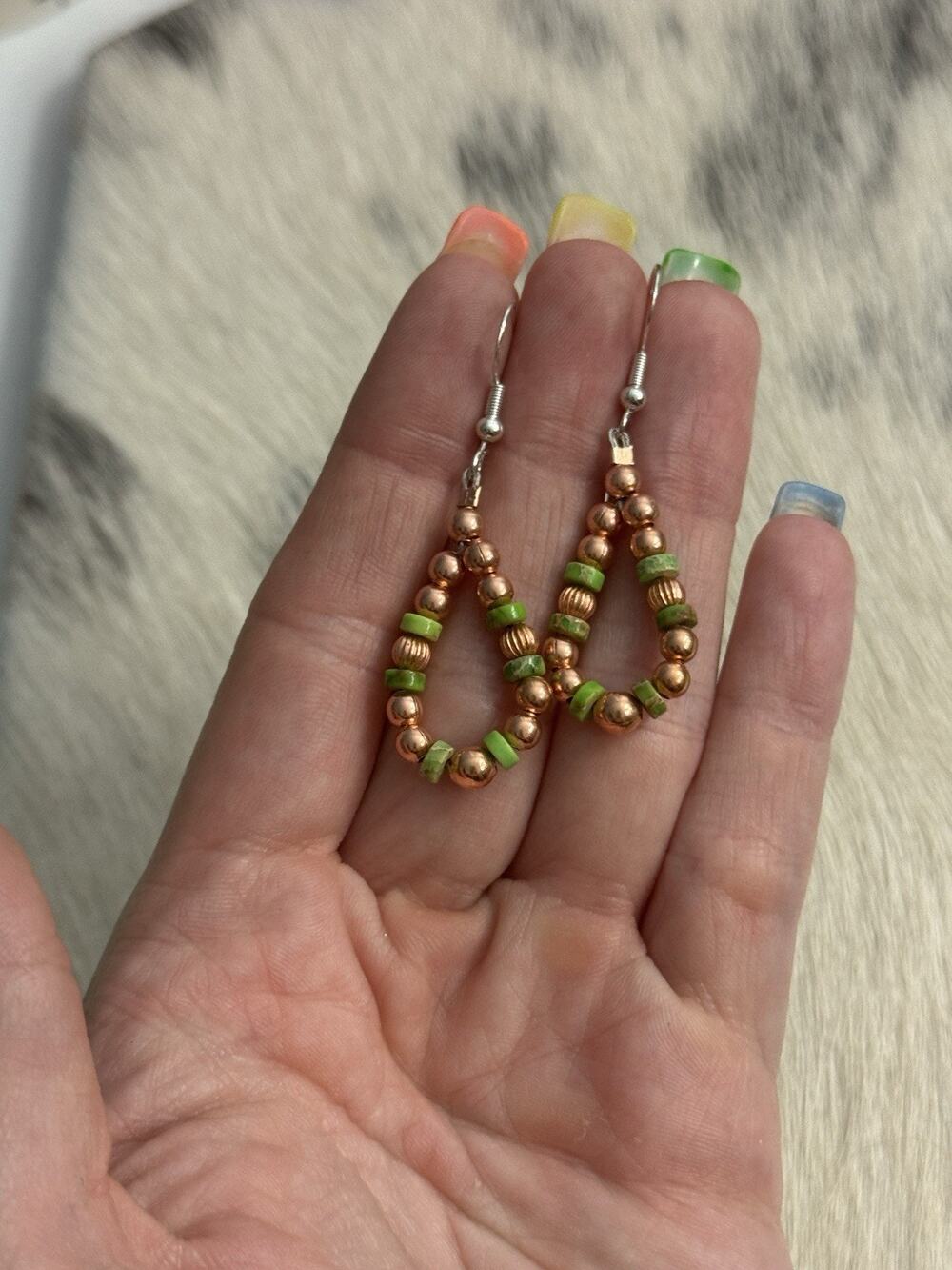 Copper Navajo Pearl Fluted Pumpkin Beaded Green Jasper Heishi Hoop Earrings